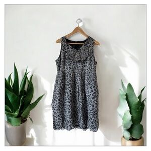Savida Leopard Print Shift Dress-Accordion Crepe Tie@Neck-detail-Pockets-Sz 14 🩶